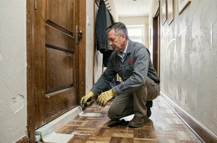 Homme posant des joints isolants sur une porte d'entrée pour améliorer l'isolation thermique du logement