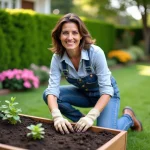 Femme en salopette plante des jeunes plants dans un jardin