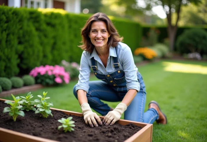 Femme en salopette plante des jeunes plants dans un jardin