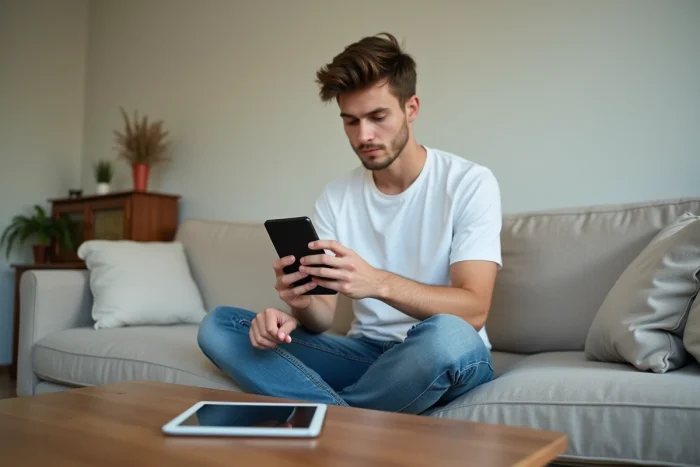 Jeune adulte consultant son smartphone et sa tablette pour résoudre un problème de connexion sur My Arkevia depuis son salon