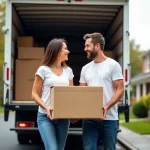 Couple souriant portant une caisse lors d'un déménagement en banlieue
