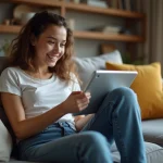 Jeune femme souriante utilisant une tablette dans un salon cosy