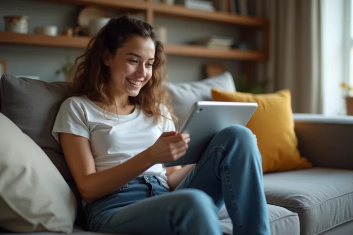 Jeune femme souriante utilisant une tablette dans un salon cosy