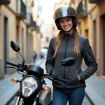 Jeune femme souriante avec casque et veste moto en ville