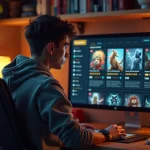 Jeune homme concentré sur un ordinateur avec ambiance gamer