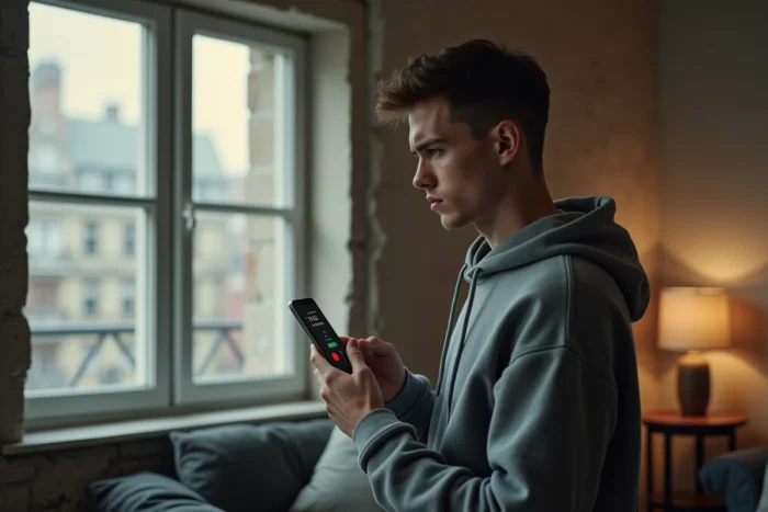 Jeune personne consultant l'historique d'appels d'un numéro inconnu sur son téléphone dans un appartement
