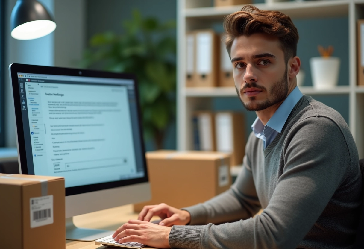 Jeune homme au bureau envoi de colis et email