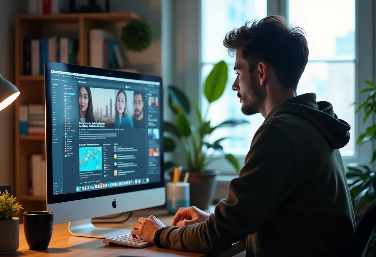 Jeune homme regardant des flux d actualites sur ecran