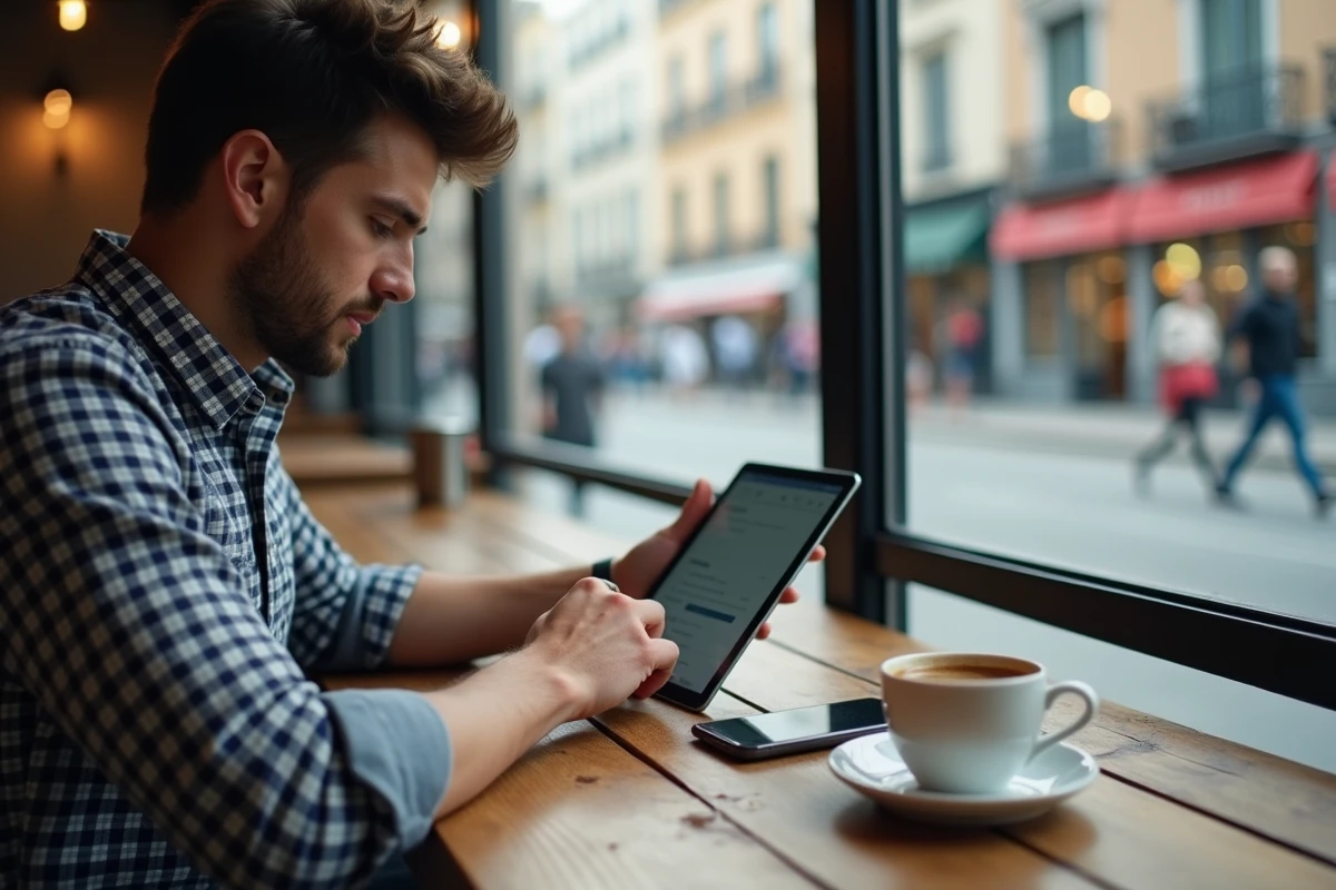 Jeune homme utilisant une tablette dans un café avec vue urbaine