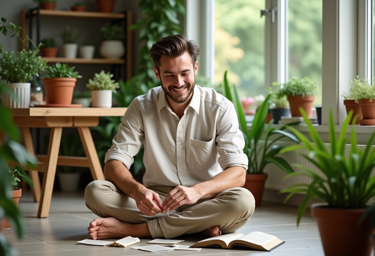 Jeune homme arrangeant des sachets de graines dans un salon lumineux