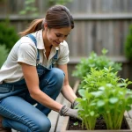 Femme en salopette de denim transplante des herbes dans un jardin