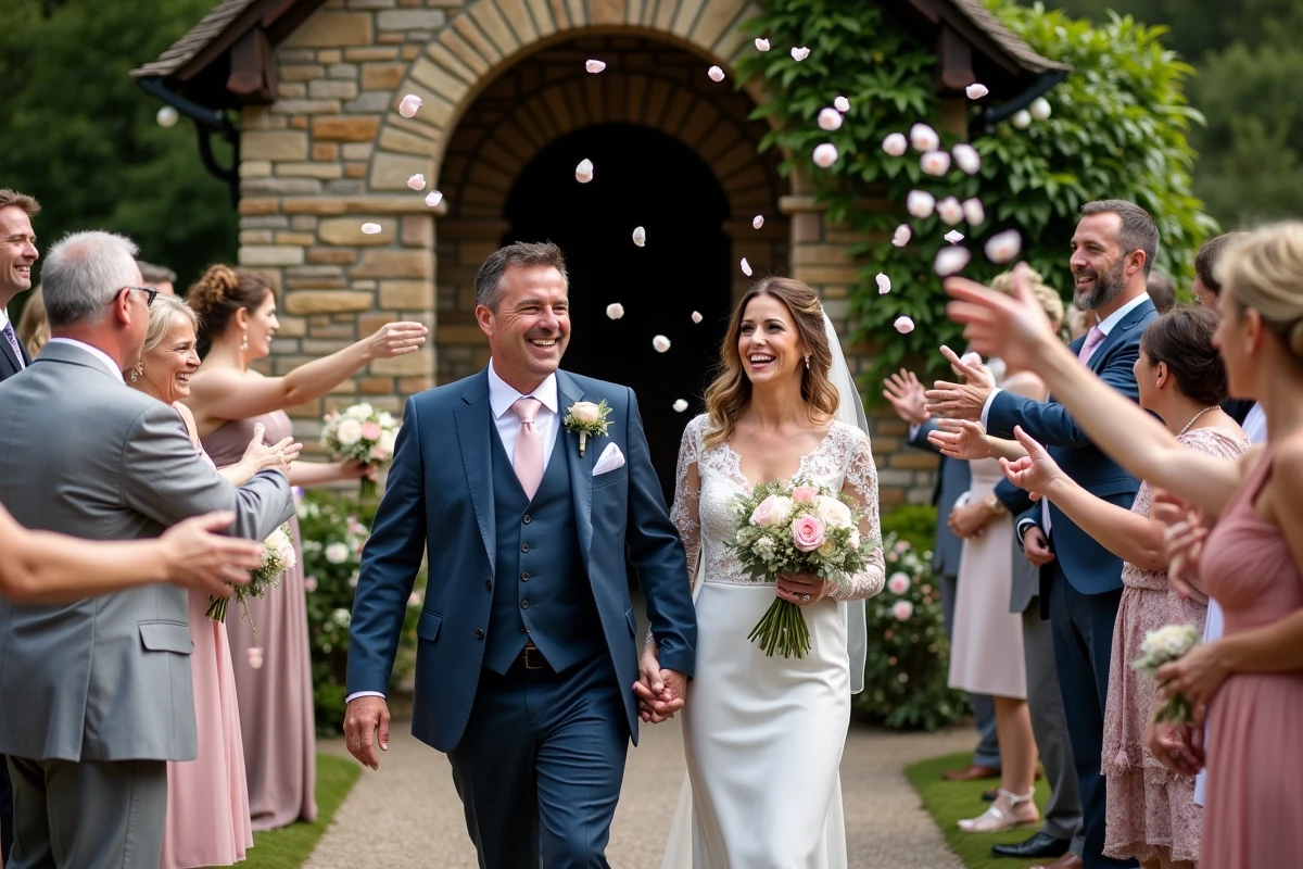 Jeune couple sortant de la chapelle entouré d invités et de fleurs
