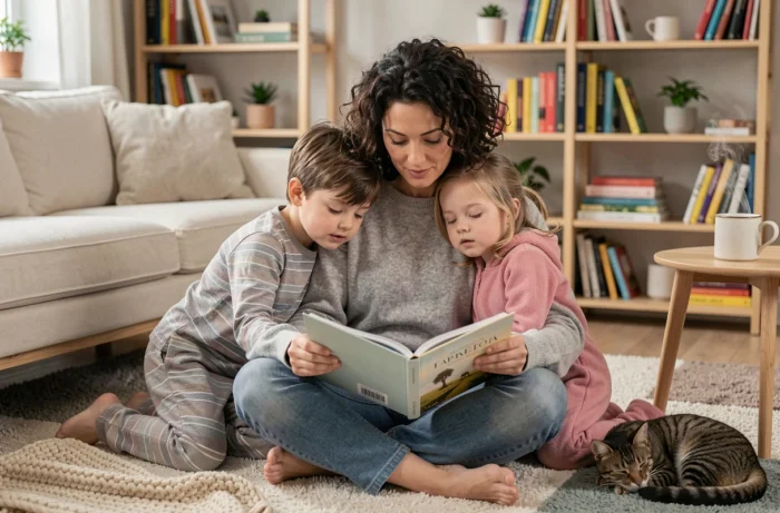 Mère lisant une histoire à ses enfants le soir dans un salon cosy, moment de tendresse familiale quotidienne