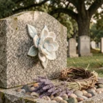 Ornement en céramique artisanale blanc et bleu décorant une tombe en granit dans un cimetière paisible entouré de chênes