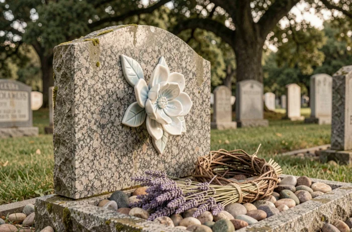 Ornement en céramique artisanale blanc et bleu décorant une tombe en granit dans un cimetière paisible entouré de chênes