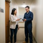 Femme payant un serrurier par carte bancaire devant sa porte d'appartement