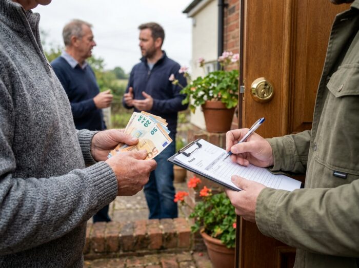 Homme remettant des espèces en euros à un serrurier sur le pas de sa porte