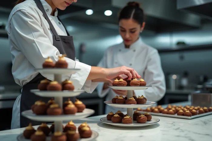 Pâtissier professionnel disposant des religieuses au chocolat sur un présentoir dans une cuisine de pâtisserie moderne
