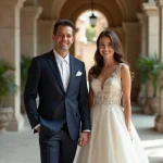 Philippe Jaroussky en costume navy avec sa partenaire en robe ivoire