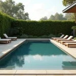 Piscine rectangulaire moderne aménagée avec des dalles en travertin et des transats en bois dans un jardin luxuriant