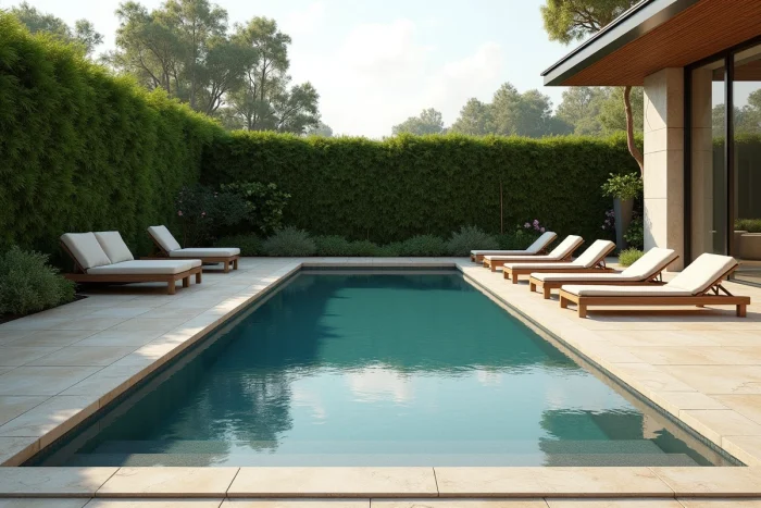 Piscine rectangulaire moderne aménagée avec des dalles en travertin et des transats en bois dans un jardin luxuriant