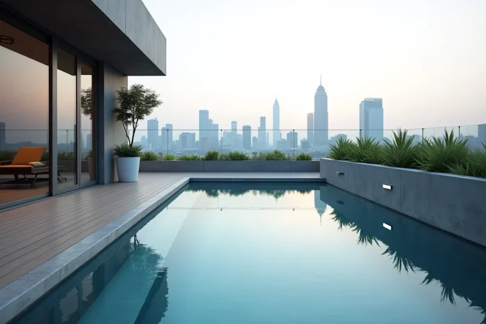 Piscine sur toit-terrasse urbain avec décoration minimaliste en béton et bois composite