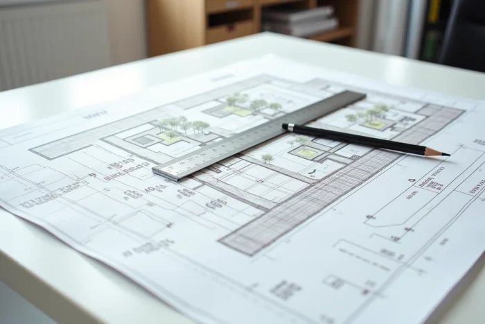 Plan technique détaillé de calcul de surface d'espace vert sur dalle posé sur un bureau d'architecte