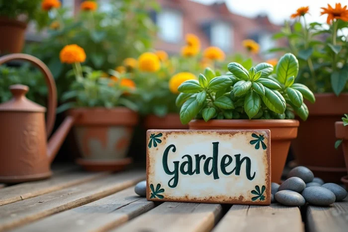 Gros plan sur une plaque en céramique artisanale avec un nom de jardin posée près d'un pot de basilic et d'arrosoir vintage sur un balcon