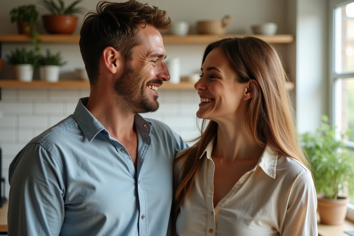 Portrait d un couple riant dans une cuisine moderne