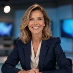 Présentatrice TV professionnelle en studio de télévision, portrait éditorial réaliste