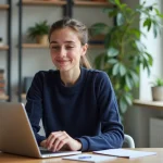 Jeune professeure française en intérieur avec ordinateur