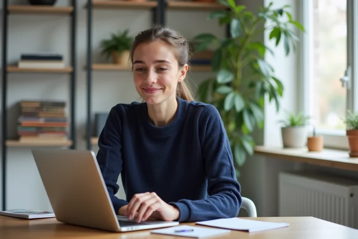 Jeune professeure française en intérieur avec ordinateur