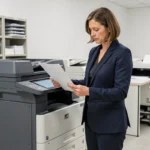 Professionnelle en blazer marine examinant un document imprimé dans une salle d'impression corporate avec imprimantes multifonctions professionnelles