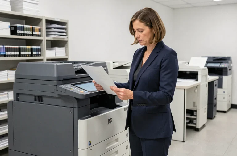 Professionnelle en blazer marine examinant un document imprimé dans une salle d'impression corporate avec imprimantes multifonctions professionnelles