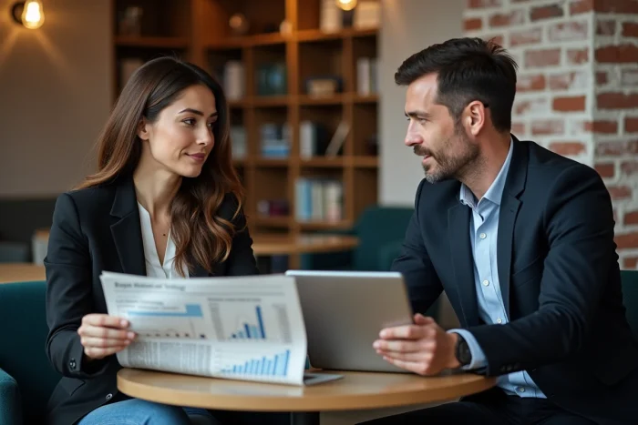Deux professionnels discutant d'analyses économiques autour d'un journal financier et d'une tablette dans un café