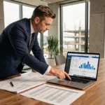 Promoteur immobilier analysant les coûts de construction sur un logiciel de gestion avec des plans architecturaux sur la table