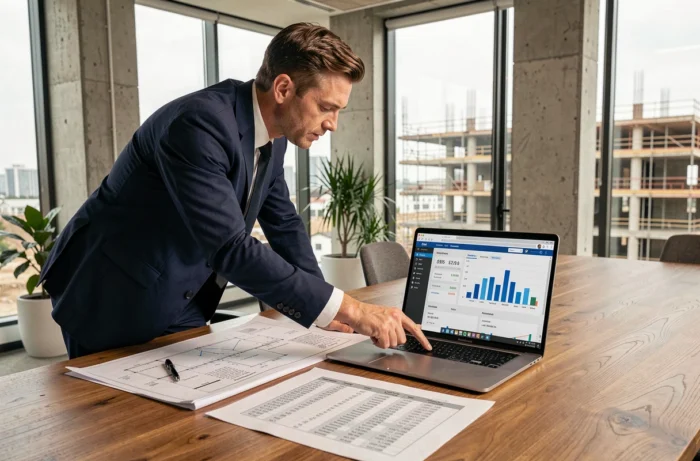 Promoteur immobilier analysant les coûts de construction sur un logiciel de gestion avec des plans architecturaux sur la table