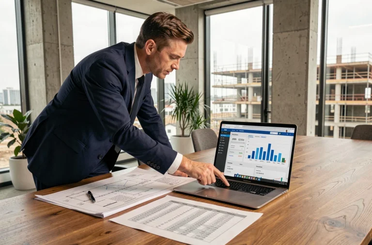 Promoteur immobilier analysant les coûts de construction sur un logiciel de gestion avec des plans architecturaux sur la table