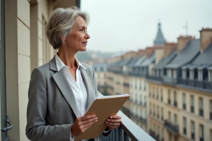 Propriétaire examinant son dossier de prolongation Scellier sur le balcon d'un immeuble résidentiel français