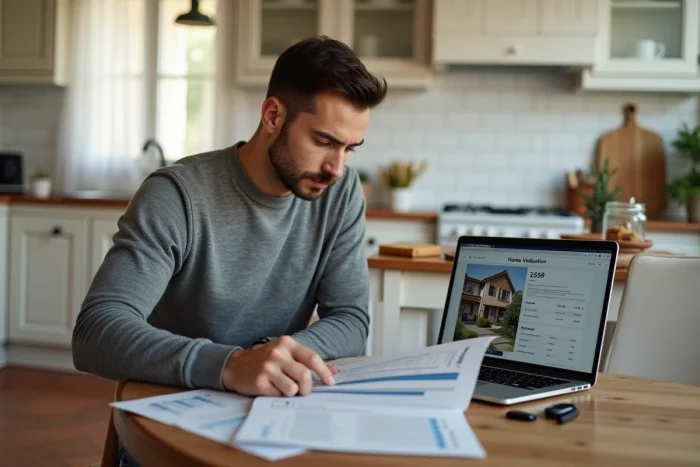 Propriétaire analysant un rapport d'estimation gratuite de sa maison dans sa cuisine