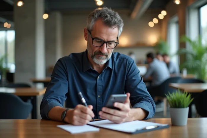 Homme effectuant une recherche de personne par prénom sur smartphone dans un espace de coworking