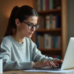Femme cherchant une personne par prénom et ville sur un ordinateur portable dans un bureau à domicile
