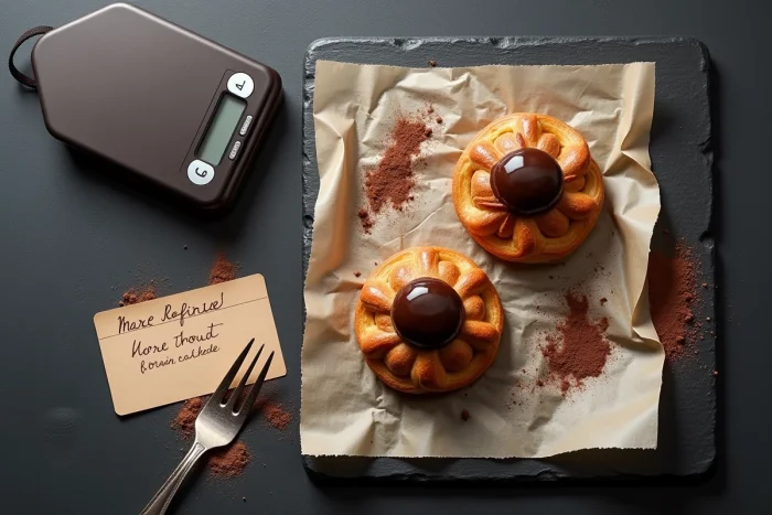 Vue de dessus de deux religieuses au chocolat sur ardoise avec balance de cuisine et fiche de calories, photographie culinaire éditoriale