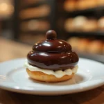 Religieuse au chocolat posée sur une assiette blanche dans une pâtisserie artisanale, vue rapprochée du glaçage brillant et de la crème au chocolat