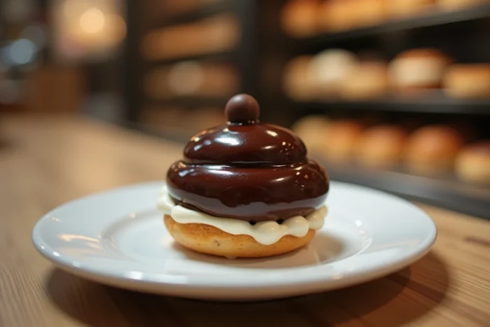 Religieuse au chocolat posée sur une assiette blanche dans une pâtisserie artisanale, vue rapprochée du glaçage brillant et de la crème au chocolat
