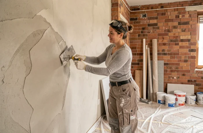 Spécialiste en rénovation intérieure appliquant du plâtre sur un mur dans un appartement en cours de réaménagement