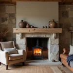 Salon breton chaleureux avec murs en granit, cheminée en pierre et décoration en lin et céramique traditionnelle