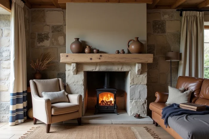 Salon breton chaleureux avec murs en granit, cheminée en pierre et décoration en lin et céramique traditionnelle