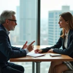 Coach professionnel en entretien avec une cliente dans un bureau moderne, illustrant le coaching personnalisé pour atteindre des objectifs professionnels