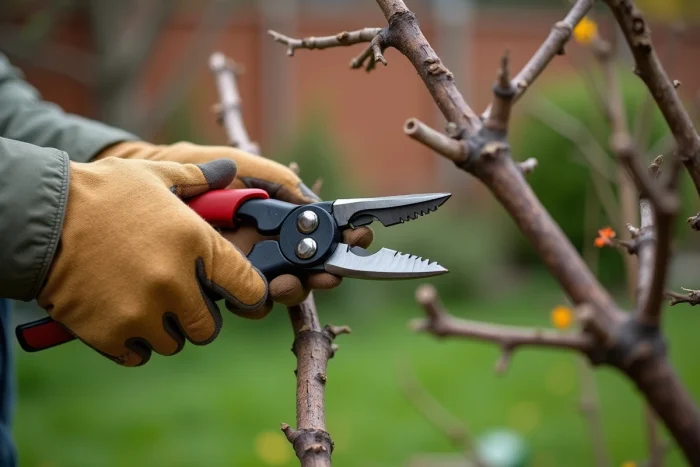 Jardinier en train de tailler les tiges mortes d'un arbre à papillon pour favoriser la floraison